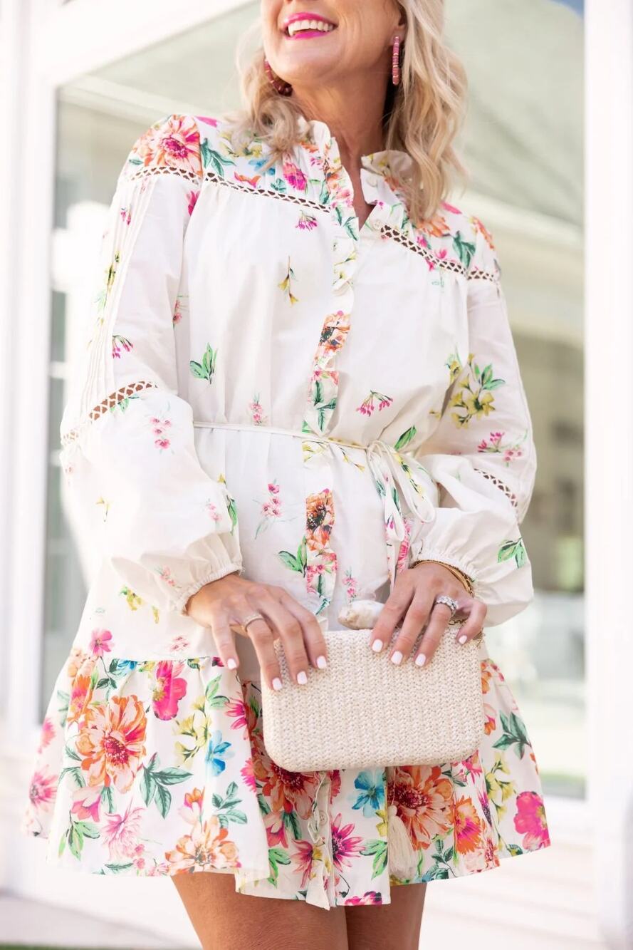 NWT Avara Lilah Floral Long Sleeve Mini Shirt Dress White Multi Women's Size XS